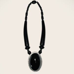 Vintage Large Oval Black Onyx Statement Necklace 24” Thick Cord barrel clasp